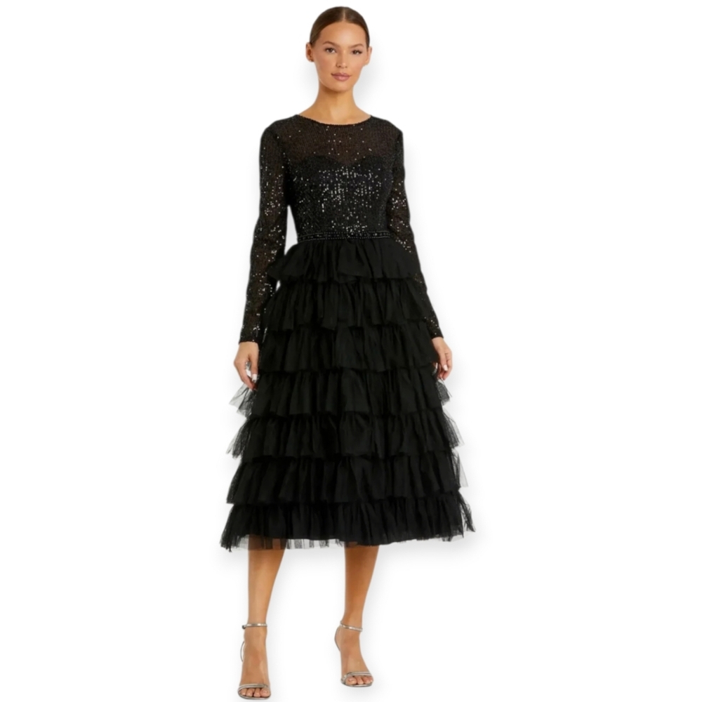 Ieena For Mac Duggal Black Long‎ Sleeve Ruffle Tiered Midi Dress